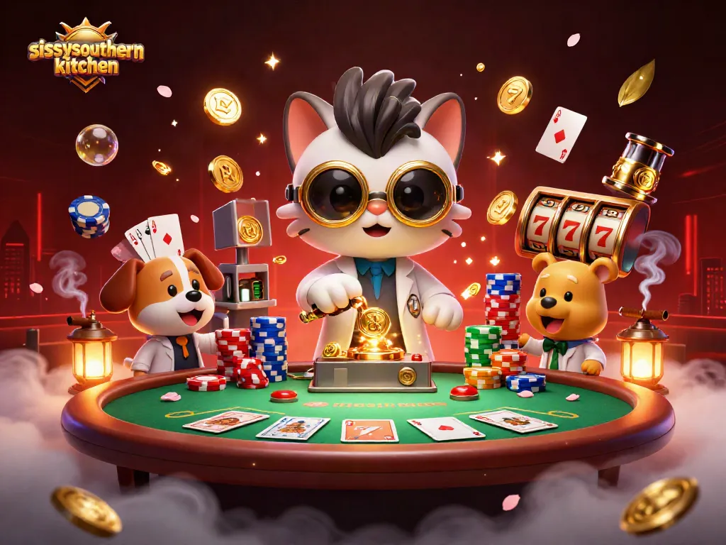 Sissyssouthernkitchen showcases immersive gaming with cartoon characters amid gold coins at a vibrant casino scene.