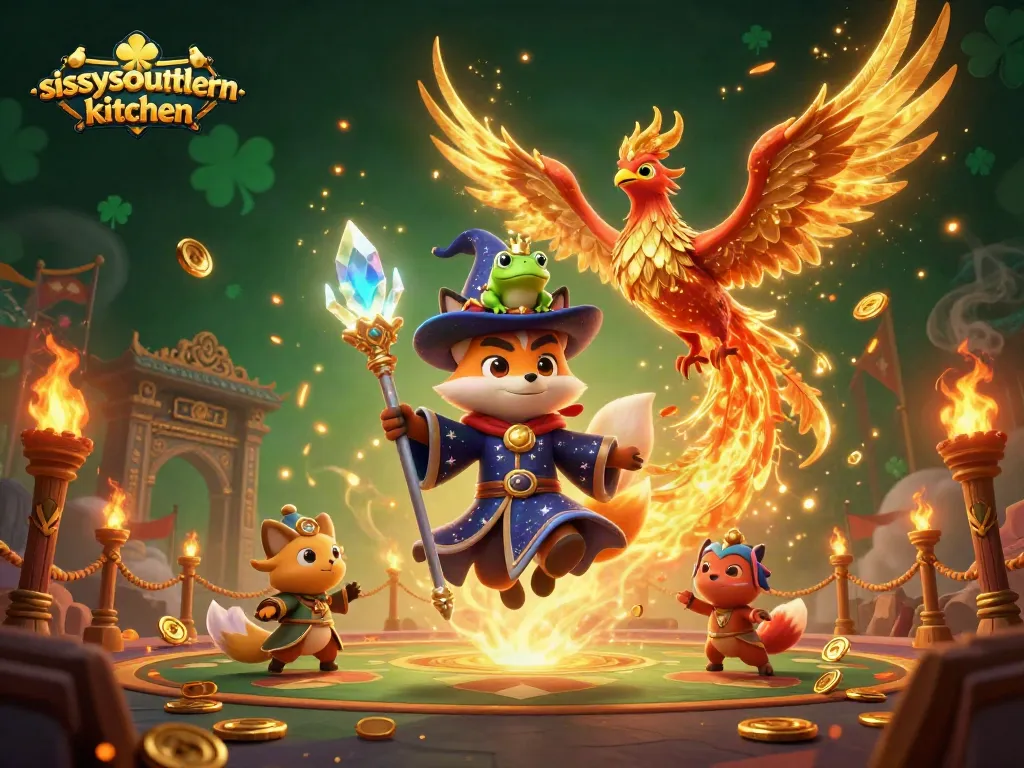 Sissy's Southern Kitchen features a thrilling casino scene with a wizard fox, phoenix, and golden elements, perfect for gambling enthusiasts.