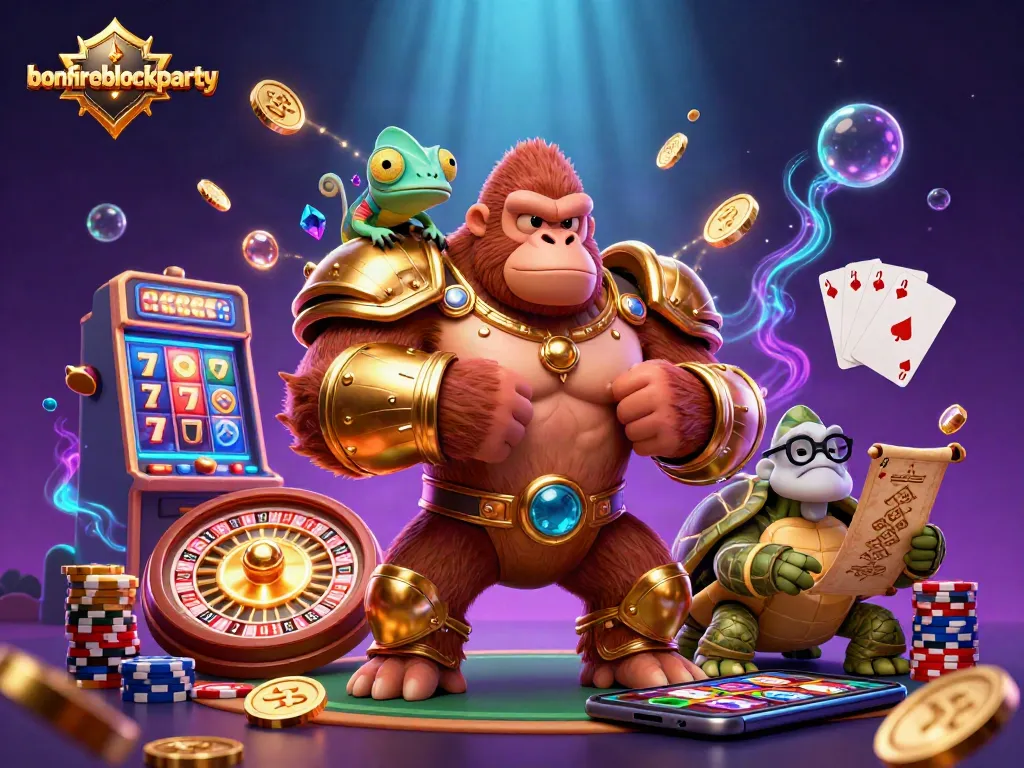 Join the bonfireblockparty as a gorilla king spins slots and plays cards in a vibrant casino.