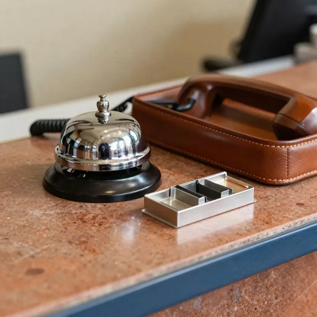 Mostrador de recepción con timbre, base de auricular y bandeja de respuesta