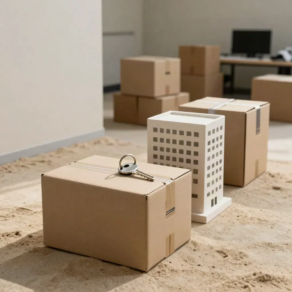 Tres módulos de oficina listos, cajas cerradas, llaves y maquetas sobre suelo claro.