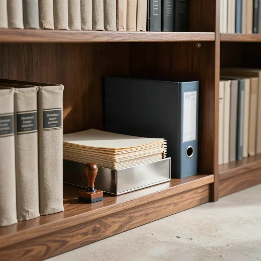 Biblioteca jurídica ordenada con carpetas rígidas, sello y bandeja de entrada sobre madera.