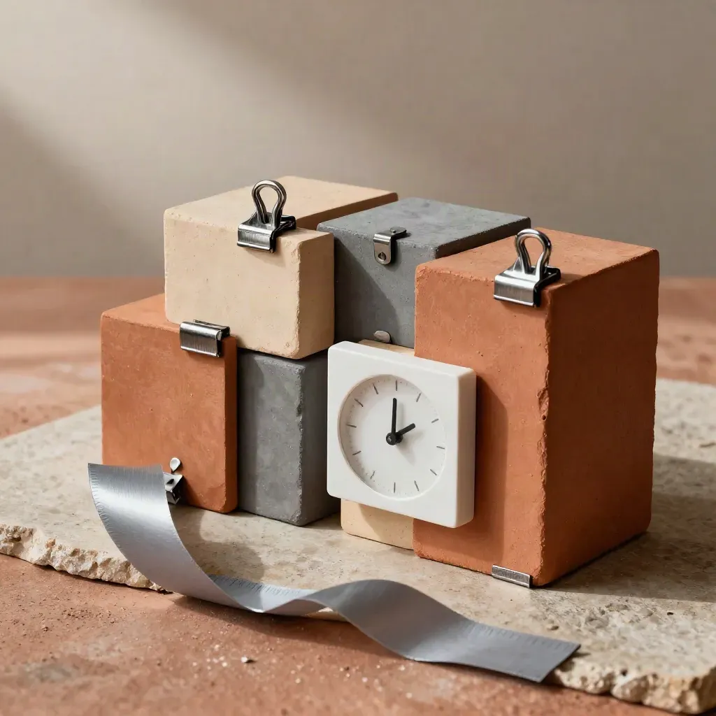 Bloques modulares, clips, temporizador y cinta gris sobre una superficie cálida, vistos desde arriba.
