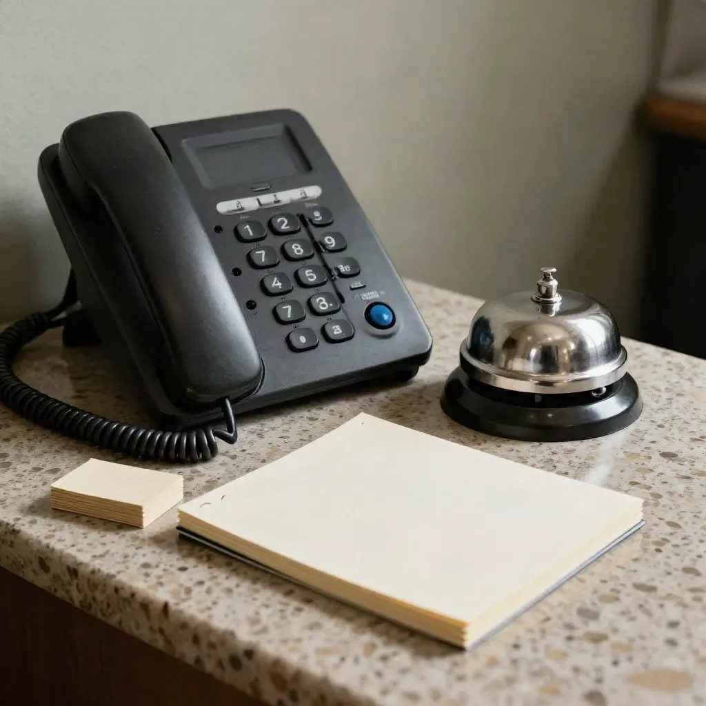Primer plano de base de teléfono, timbre de escritorio, bloc cerrado y fichas sobre travertino.
