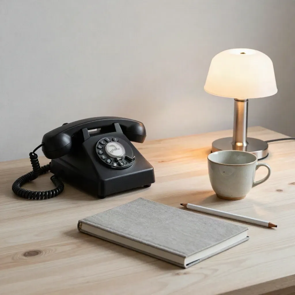 Teléfono de sobremesa, libreta, taza y lámpara sobre madera clara con luz suave.