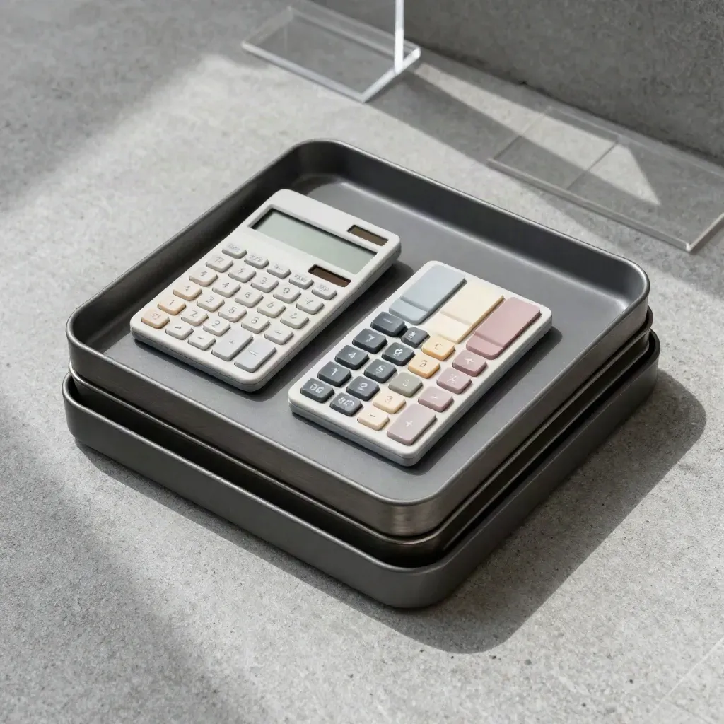 Bandejas, calculadora y separadores en flatlay sobre hormigón gris, luz suave lateral.
