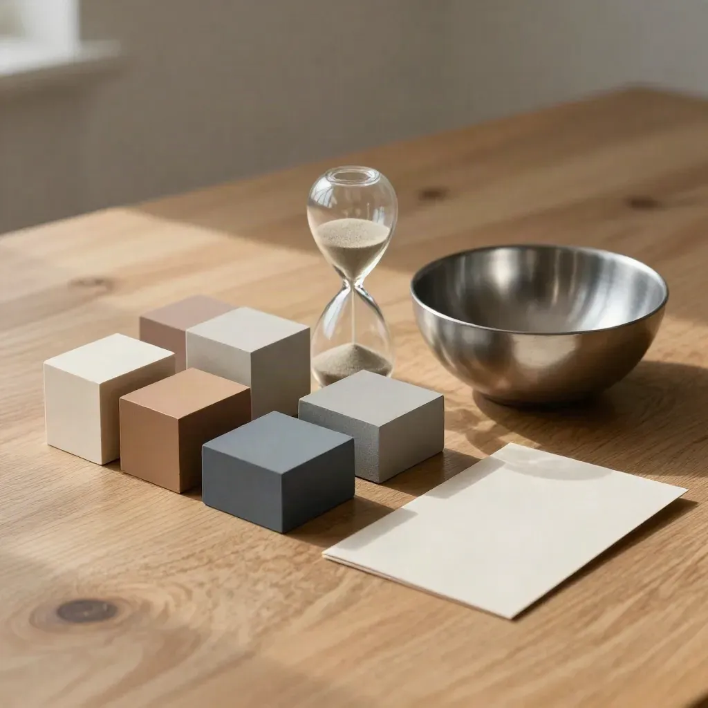 Bloques modulares, reloj de arena pequeño y cuenco metálico sobre mesa de roble, estilo minimalista corporativo.