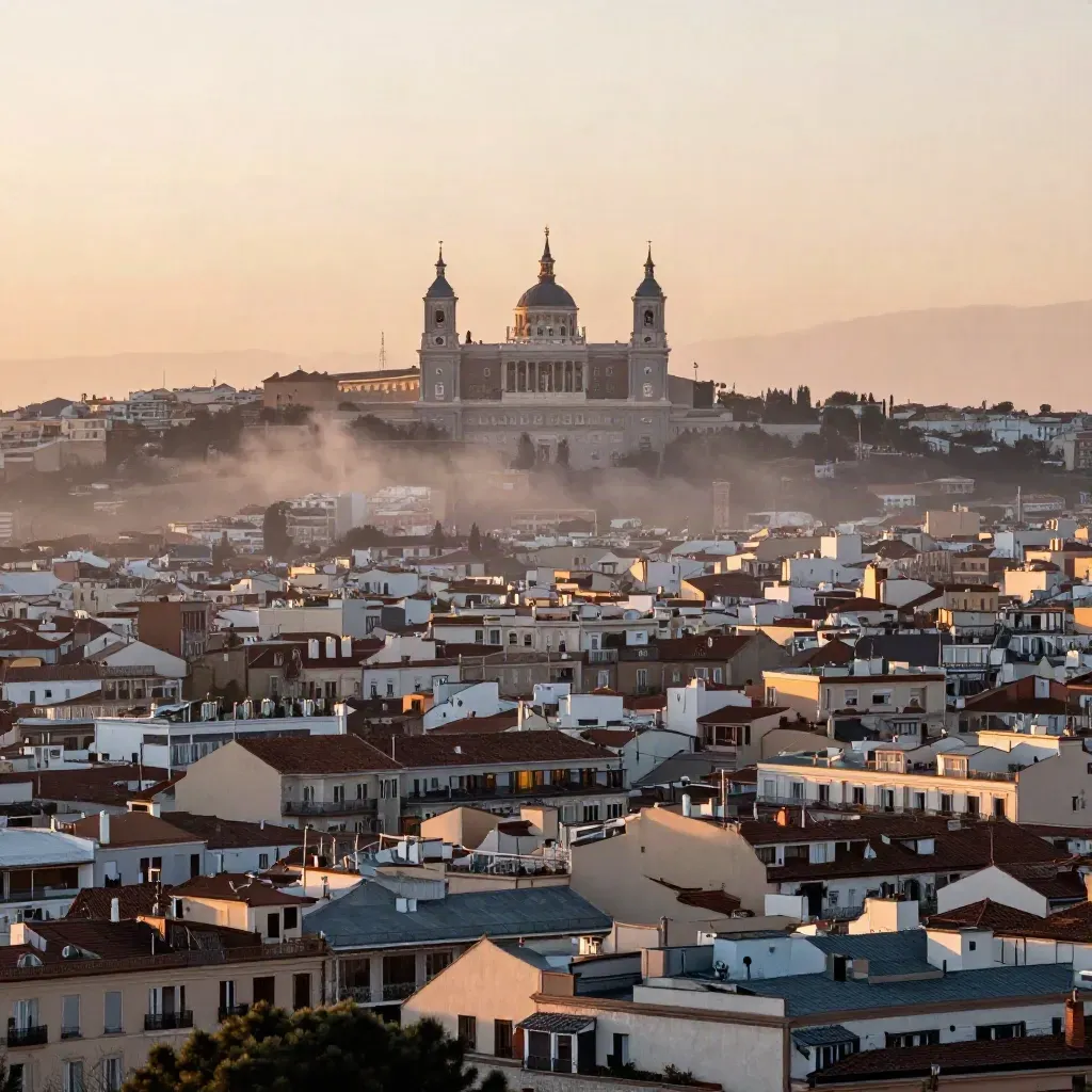 Madrid al amanecer desde la sierra, con las Cuatro Torres y bruma suave sobre los tejados.