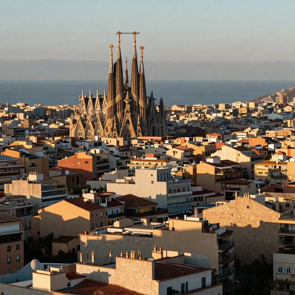 La Sagrada Família sobre tejados del Eixample al atardecer, con bruma marina.