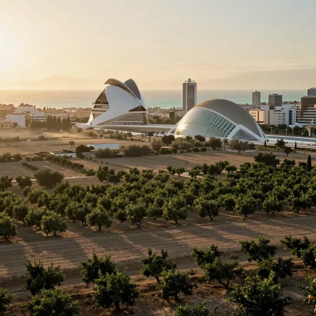 Horizonte de Valencia con naranjos y la Ciudad de las Artes bajo luz cálida.