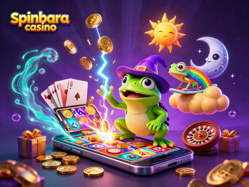 Experience the excitement of spinbara casino with golden coins, colorful slot games, and vibrant visuals.